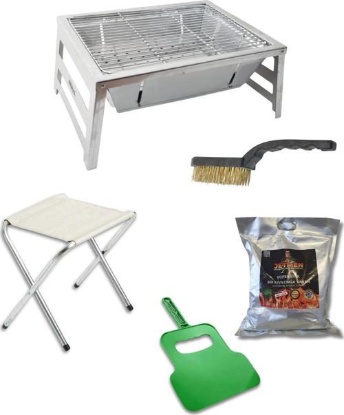 Ayaklı Katlanır Mangal+Tabure+Fırça+Kömür+Yelpaze Mangal Seti