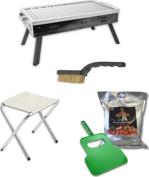 Kara Mangal Büyük+Tabure+Kömür+Fırça+Yelpaze Mangal Seti