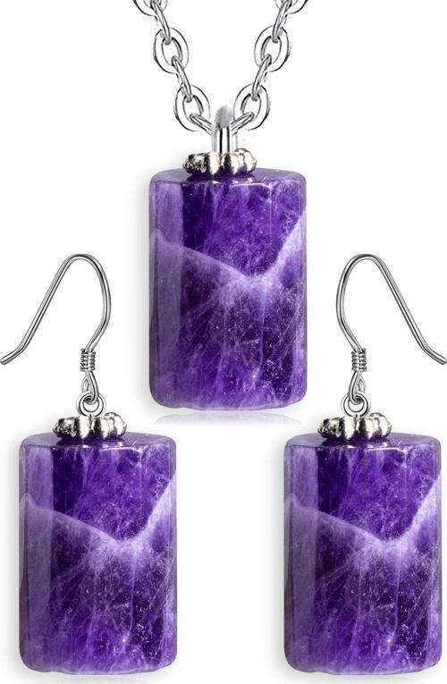 Sertifikalı Doğal Koyu Ametist Taşı Doğal Taş Kolye Küpe Seti Yeşil Renk Ayarlanabilir Yüzük Ölçüsü