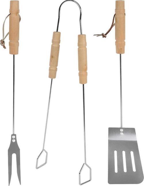 3'lü Set Ahşap Saplı Mangal Aksesuar Seti Maşa Spatula Çatal Krom Kaplamalı 43cm