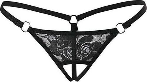 Siyah Dantelli Özel Bölgesi Açık G-String 1167