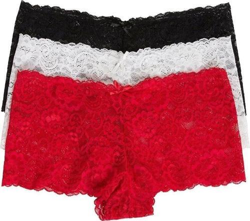 Kadın Siyah Beyaz Kırmızı 3'lü Paket Dantel Tanga Şort Külot