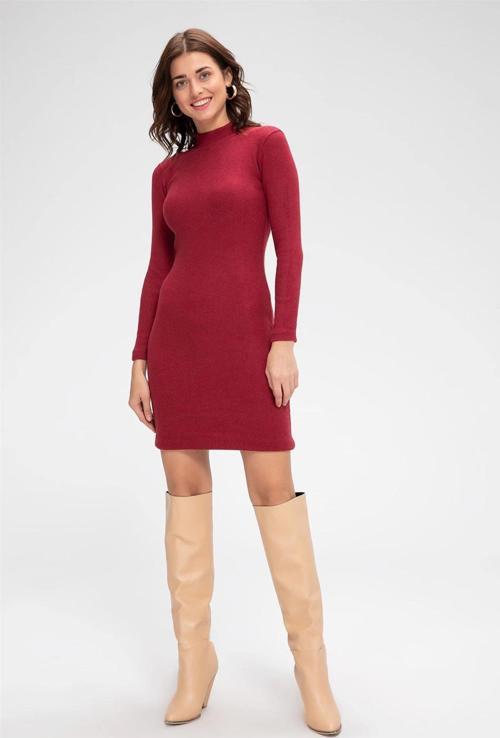 Kadın Bordo Kaşkorse Balıkçı Yaka Uzun Kollu Bodycon Mini Elbise