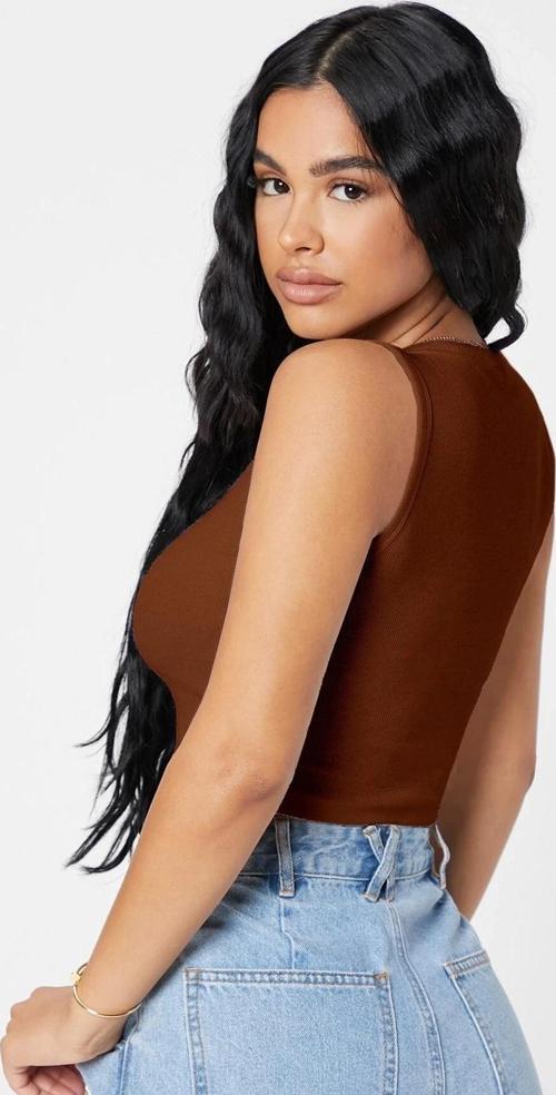 Kadın Kahverengi Kare Yaka Crop Top Bluz