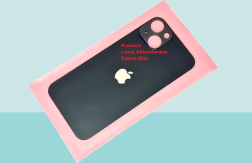 - iPhone 13 Arka Pil Batarya Kapağı - Cam kapak Geniş Lens Deliği - SİYAH