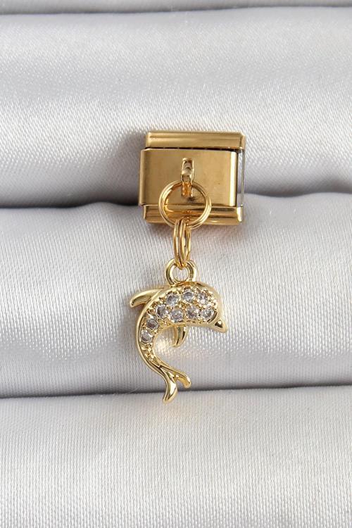 Çelik Sallantılı Zirkon Taşlı Yunus Balığı Model Gold Renk Nomination Charm