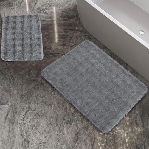 Home Pia 2 li Peluş Banyo Paspası-Gri
