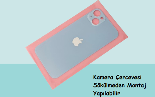 - iPhone 14 Arka Pil Batarya Kapağı - Cam kapak Geniş Lens Deliği - MAVİ