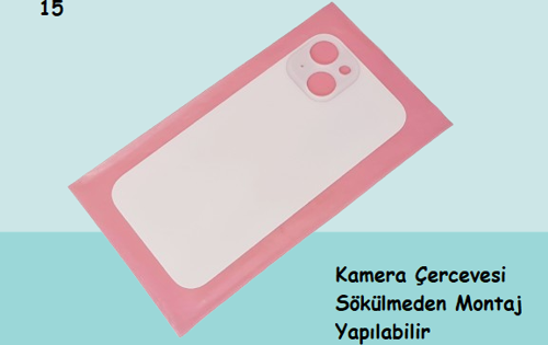 - iPhone 15 Arka Pil Batarya Kapağı - Cam kapak Geniş Lens Deliği - BEMBE