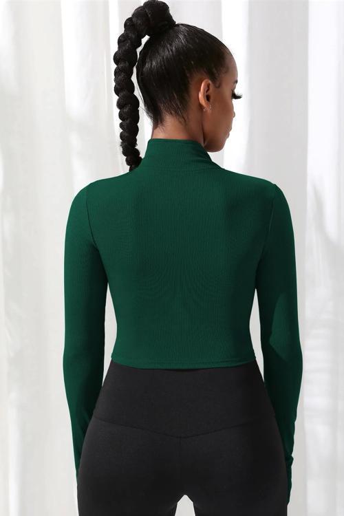 Kadın Yeşil Uzun Kol Fermuarlı Parmak Geçme Detaylı Dik Yaka Crop Top Bluz