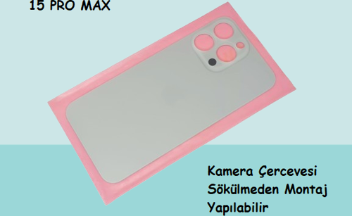 - iPhone 15 PRO MAX Arka Pil Batarya Kapağı - Cam kapak Geniş Lens Deliği - GRİ