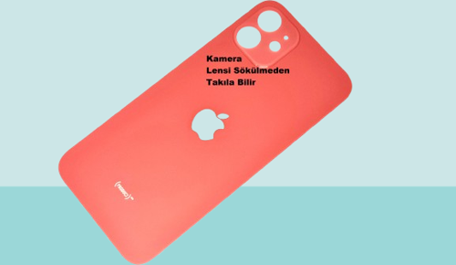 - iPhone 12 Arka Pil Batarya Kapağı - Cam kapak Geniş Lens Deliği - KIRMIZI