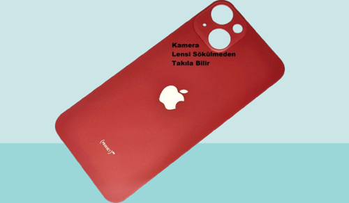 - iPhone 13 Arka Pil Batarya Kapağı - Cam kapak Geniş Lens Deliği - KIRMIZI