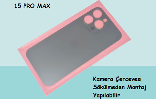 - iPhone 15 PRO MAX Arka Pil Batarya Kapağı - Cam kapak Geniş Lens Deliği - FÜME