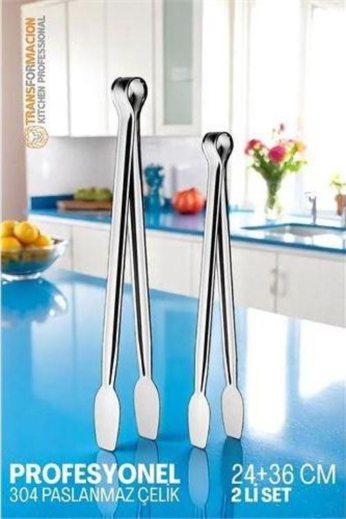 2 Boy Mutfak Maşası - Mangal Barbekü Maşası - Izgara Maşası Tava Maşası Çelik  18 ve 36 Cm
