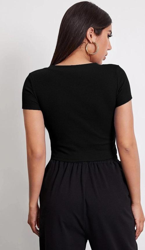 Kadın Siyah Yuvarlak Yaka Yarım Kol Crop Top Bluz