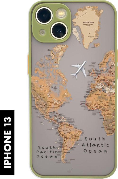 İphone 13 Uyumlu Dünya Harita Desenli Buzlu Şeffaf Lüx Telefon Kılıfı Yeşil