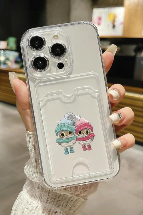 İphone 13 Pro Uyumlu Bereli Baykuşlar Desenli Şeffaf Kamera Korumalı Ve Kartlıklı Telefon Kılıfı