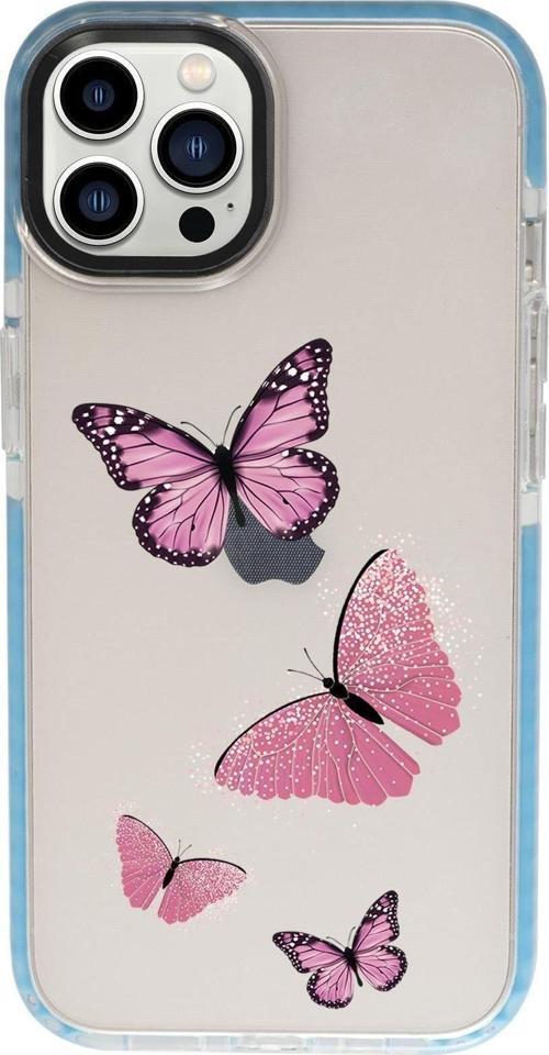 İphone 13 Pro Max Pembe Kelebekler Candy Bumper Darbe Emci Silikonlu Telefon Kılıfı
