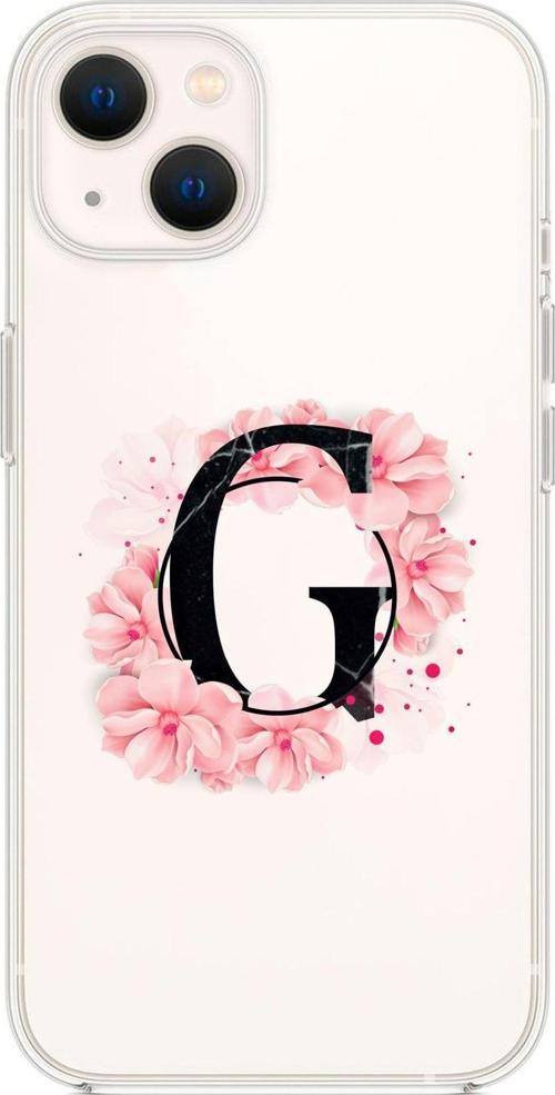 İphone 13 Pembe Çiçek Desen G Harfli Premium Şeffaf Silikon Kılıf