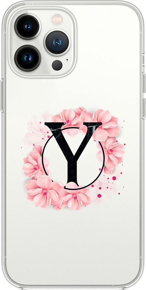 İphone 13 Pro Pembe Çiçek Desen Y Harfli Premium Şeffaf Silikon Kılıf