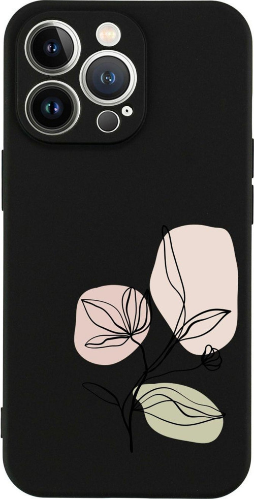 İphone 13 Art Pink Flower Tasarımlı Siyah Telefon Kılıfı