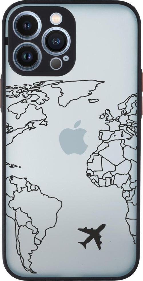 İphone 13 Pro Uyumlu World Map Lines Desenli Kamera Korumalı Buzlu Şeffaf Lüx Telefon Kılıfı