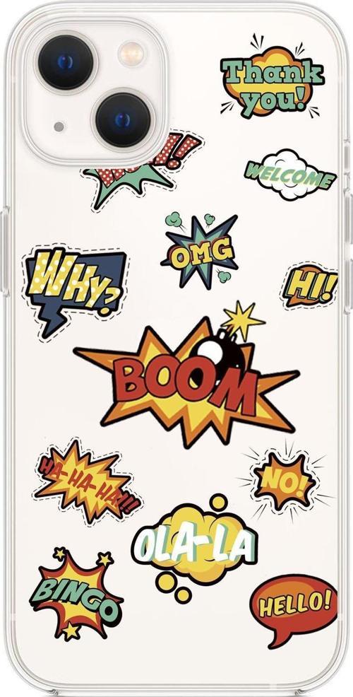 İphone 13 Stickers Desenli Premium Şeffaf Silikon Kılıf