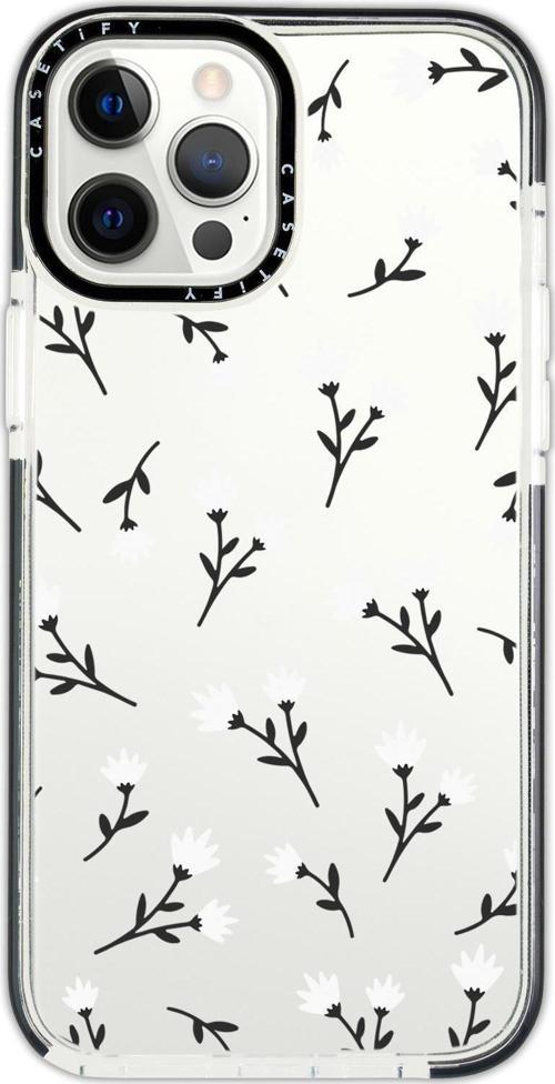 İphone 13 Pro Uyumlu Casetify Beyaz Çiçekler Desenli Anti Shock Premium Silikonlu Siyah Kenar Detayl