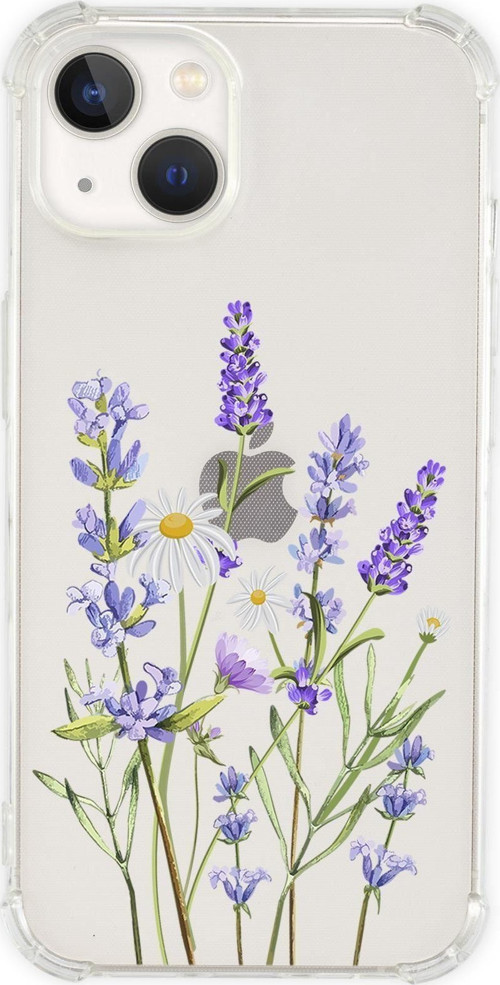 İphone 13 Uyumlu Lavender Desenli Anti Shock Olex Köşe Darbe Korumalı Silikonlu Şeffaf Kılıf