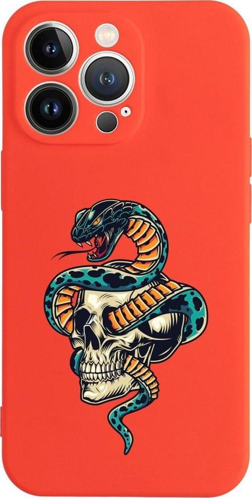 İphone 13 Pro Kuru Kafa Ve Yılan Tasarımlı Kırmızı Telefon Kılıfı