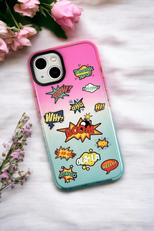İphone 13 Uyumlu Stickers Desenli Premium Rainbow Silikonlu Telefon Kılıfı