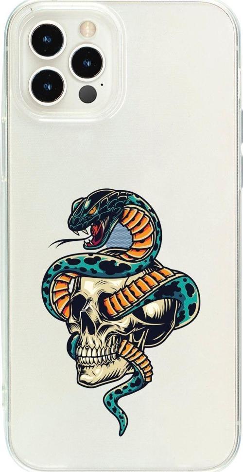 İphone 13 Pro Max Kuru Kafa Ve Yılan Desenli Şeffaf Telefon Kılıfı