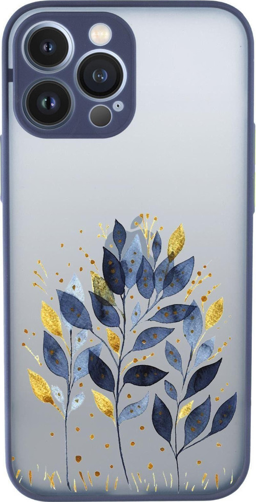 İphone 13 Pro Max Uyumlu Mavi Yaprak Desenli Kamera Korumalı Buzlu Şeffaf Lüx Telefon Kılıfı