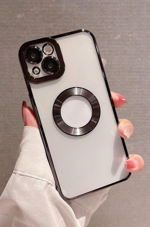 İphone 13 Logo Detaylı Lens Korumalı Renkli Çerçeve Detaylı Şeffaf Silikon Kılıf Mchzr