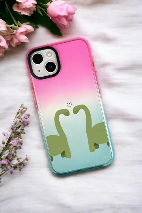 İphone 13 Uyumlu Aşık Dinazorlar Desenli Premium Rainbow Silikonlu Telefon Kılıfı