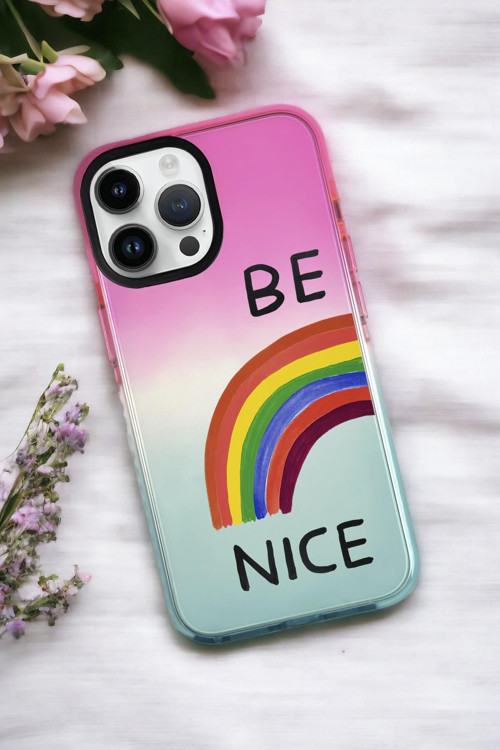 İphone 13 Pro Max Uyumlu Be Nice Desenli Premium Rainbow Silikonlu Telefon Kılıfı