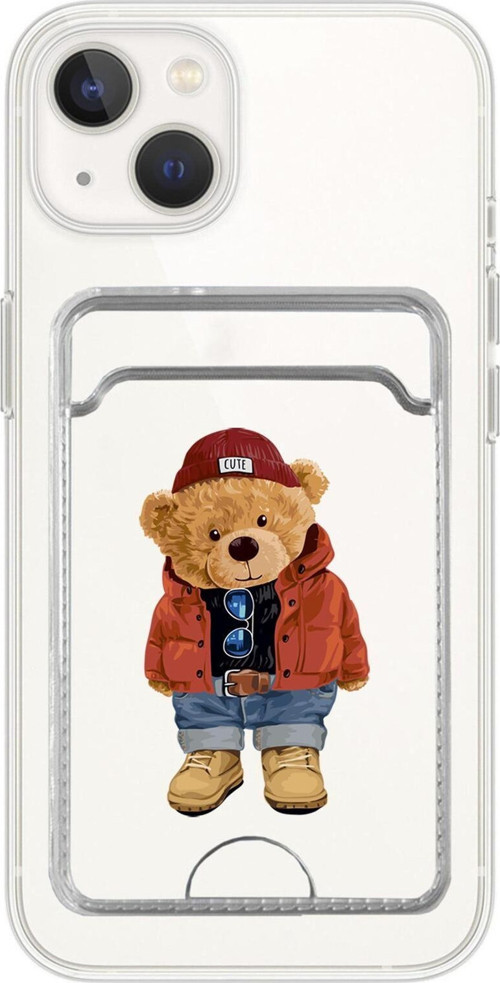İphone 13 Uyumlu Teddy Bear Desenli Şeffaf Kamera Korumalı Ve Kartlıklı Telefon Kılıfı