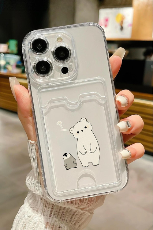 İphone 13 Pro Uyumlu Penguen Ayıcık Desenli Şeffaf Kamera Korumalı Ve Kartlıklı Telefon Kılıfı
