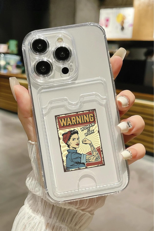 İphone 13 Pro Uyumlu Women At Work Desenli Şeffaf Kamera Korumalı Ve Kartlıklı Telefon Kılıfı