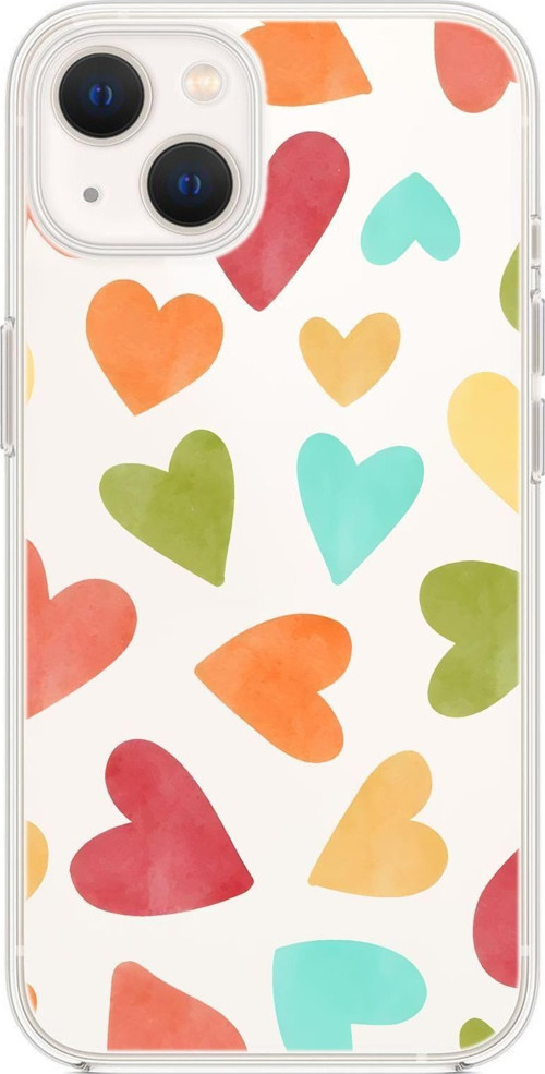 İphone 13 Uyumlu Renkli Kalpler Desenli Premium Şeffaf Silikon Kılıf
