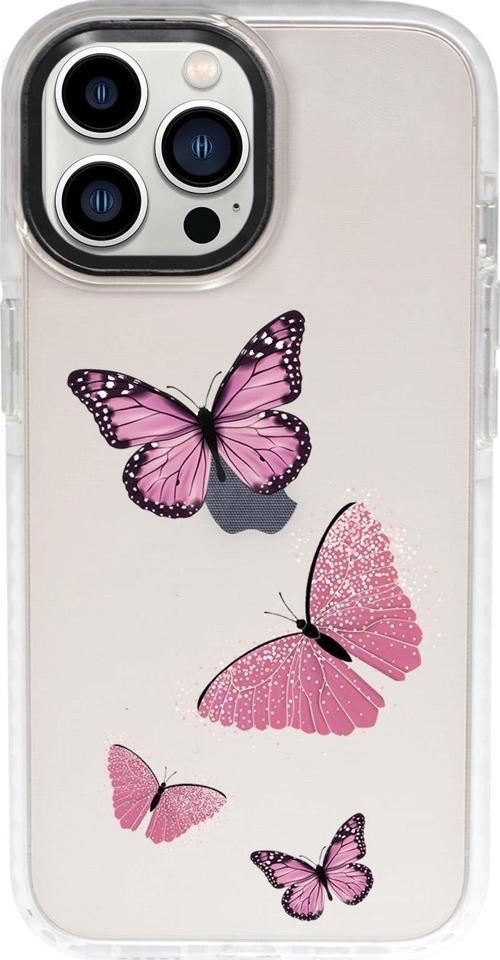 İphone 13 Pro Max Pembe Kelebekler Candy Bumper Darbe Emci Silikonlu Telefon Kılıfı