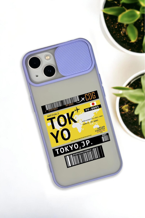 İphone 13 Uyumlu Tokyo Ticket Desenli Kamera Koruma Sürgülü Kapaklı Telefon Kılıfı