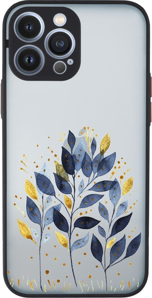 İphone 13 Pro Max Uyumlu Mavi Yaprak Desenli Kamera Korumalı Buzlu Şeffaf Lüx Telefon Kılıfı