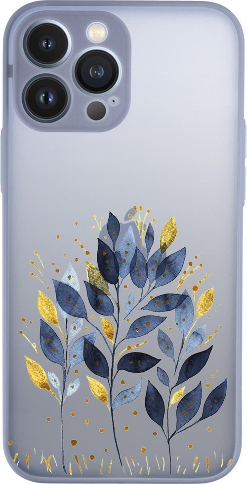 İphone 13 Pro Max Uyumlu Mavi Yaprak Desenli Kamera Korumalı Buzlu Şeffaf Lüx Telefon Kılıfı