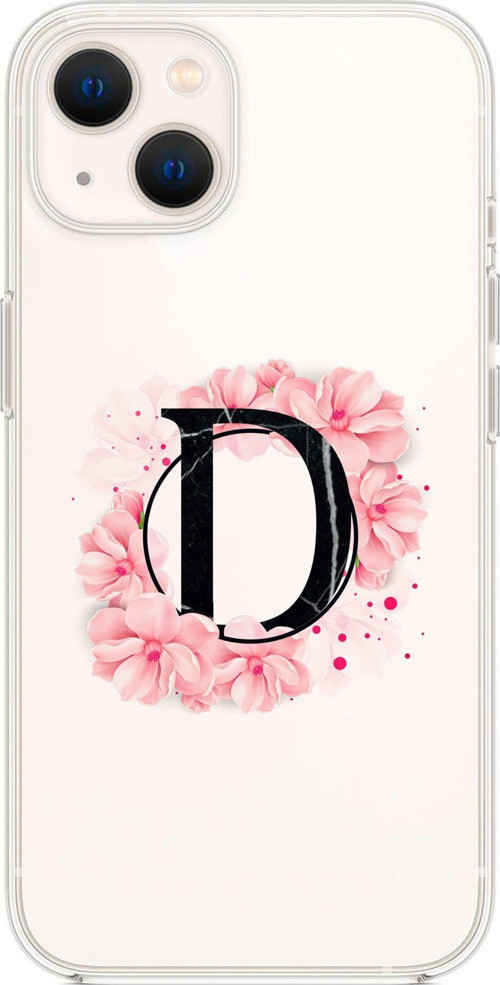 İphone 13 Pembe Çiçek Desen D Harfli Premium Şeffaf Silikon Kılıf