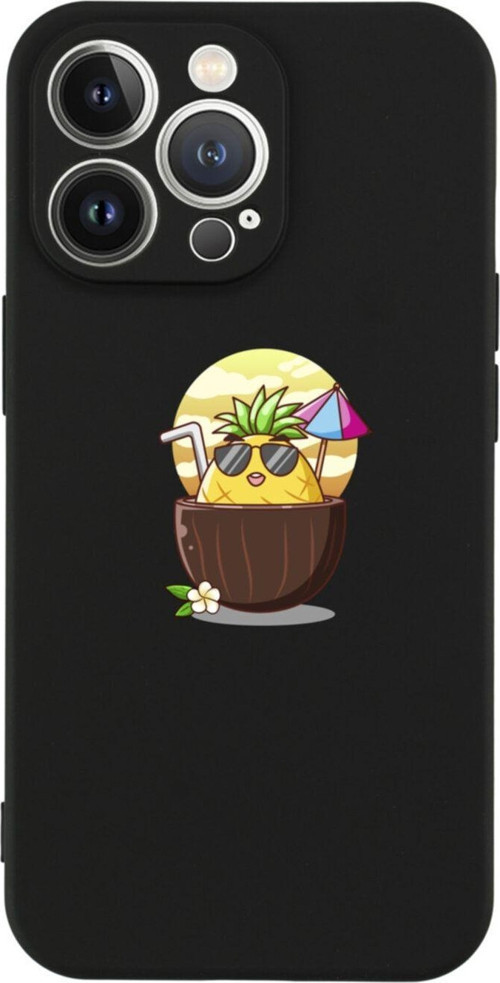 İphone 13 Pro Güneşlenen Ananas Tasarımlı Siyah Telefon Kılıfı
