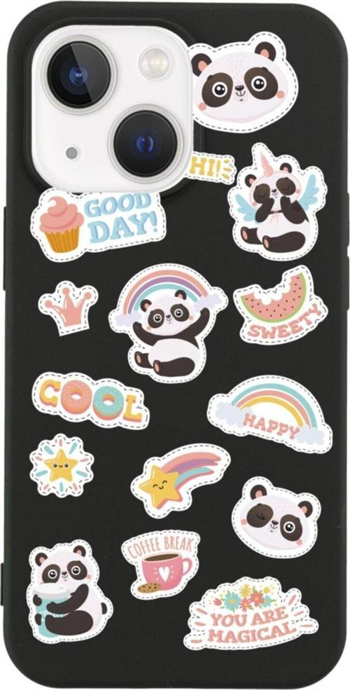 İphone 13 Sticker Panda Tasarımlı Siyah Telefon Kılıfı
