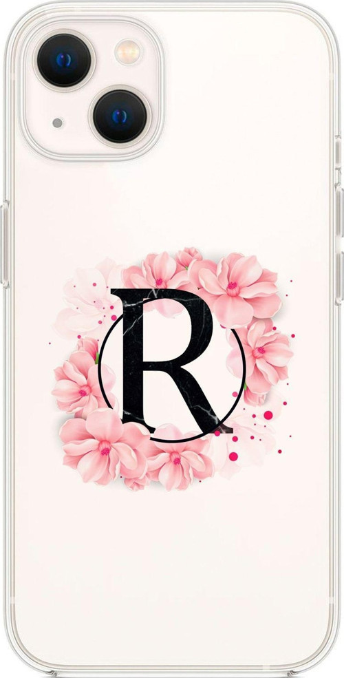 İphone 13 Pembe Çiçek Desen R Harfli Premium Şeffaf Silikon Kılıf