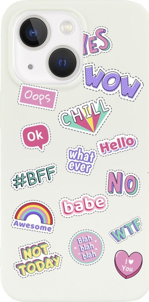 İphone 13 Stickers Tasarımlı Beyaz Telefon Kılıfı